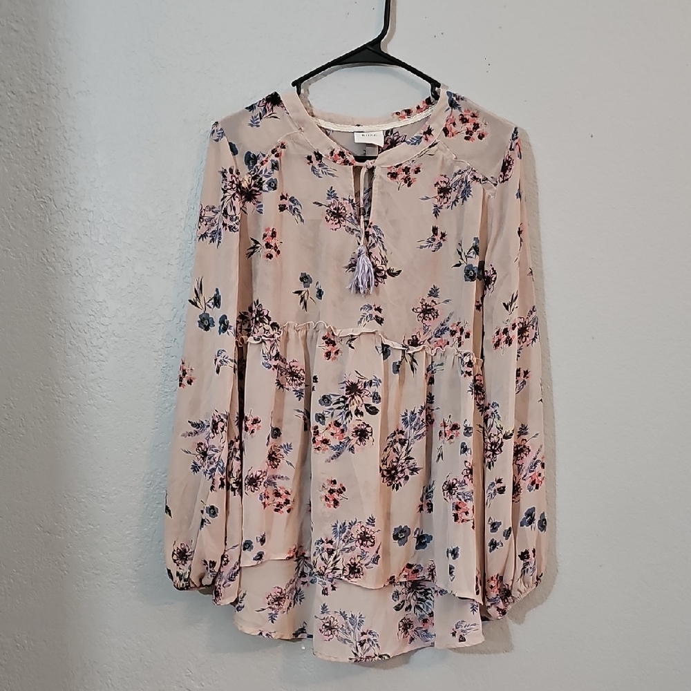 Knox Rose Blush Pink Floral Sheer Top with Ruffle Detail Womens Large - Picture 1 of 9